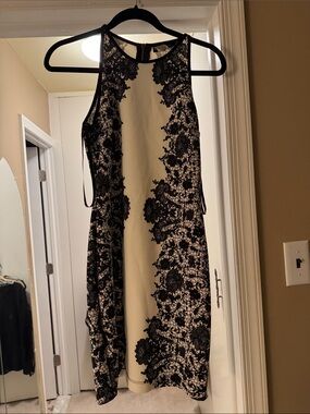 B Darlin Black and Cream Lace-Print Halter Dress